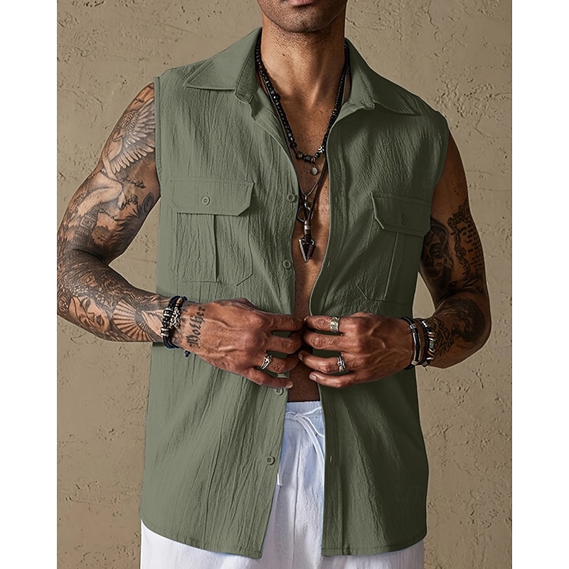 Men's Tank Top Vest Top Undershirt Sleeveless Shirt Sleeveless Lapel Summer Plain Fashion Designer Basic Buttons Pocket Vacation Street Casual Daily Black Green Beige Top Tee for Men4