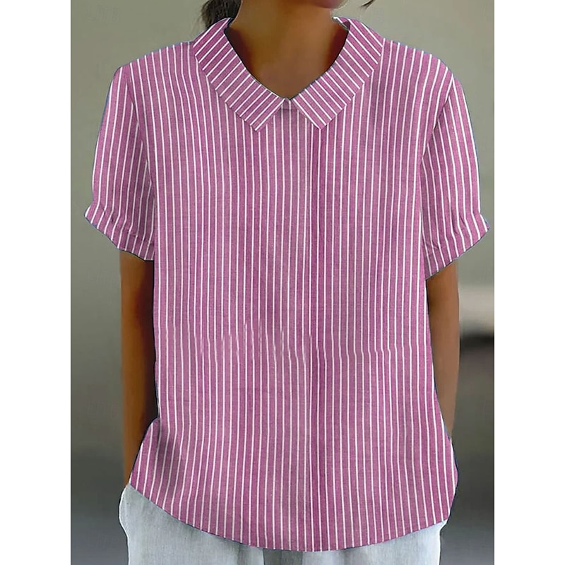 Women's Blouse Graphic Striped Stylish Casual Short Sleeve Peter Pan Collar Regular Tops Work Daily Print Pink Blue Green Gray Summer Spring4