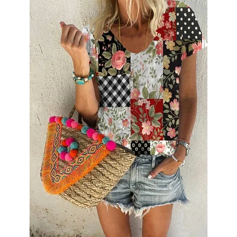 Women's T Shirt Floral Graphic Plants Bohemia Western Ethnic Short Sleeve V Neck Regular Tops Daily Going out Weekend Print White Red Blue Summer Spring2