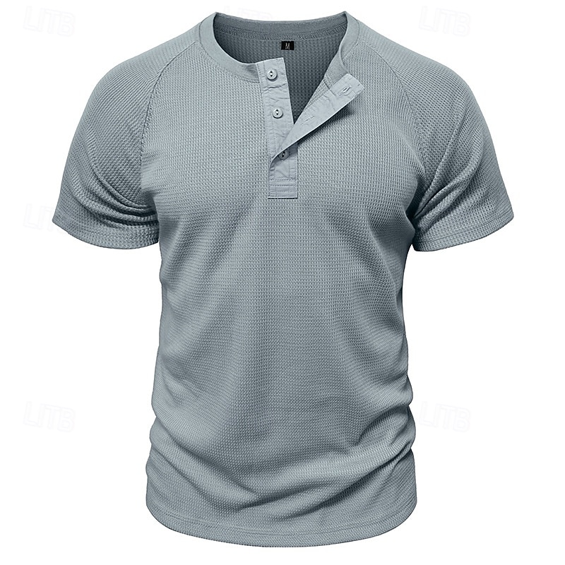 Men's Waffle Henley Shirt Tee Short Sleeve Solid Color Plain Solid Casual Buttons Henley Outdoor Casual Daily Summer Spring &  Fall Dark Brown Black Gray Henley T-Shirt2