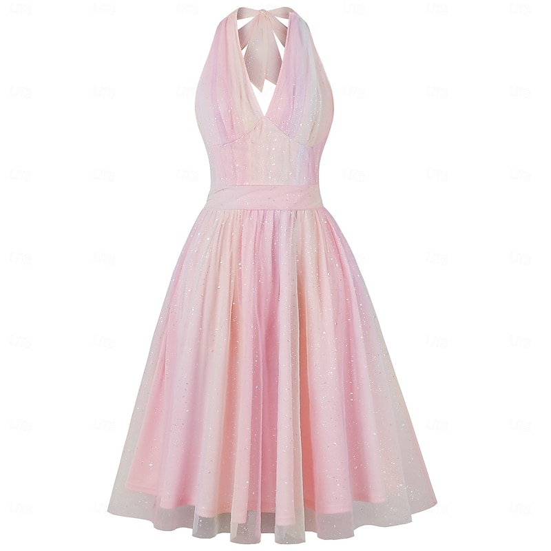 Retro Vintage 1950s Rockabilly Midi Cocktail Dress Flare Dress Sequins Halter Rainbow Fancy Dress Women's Vacation Homecoming Party & Evening Adults Dress Summer