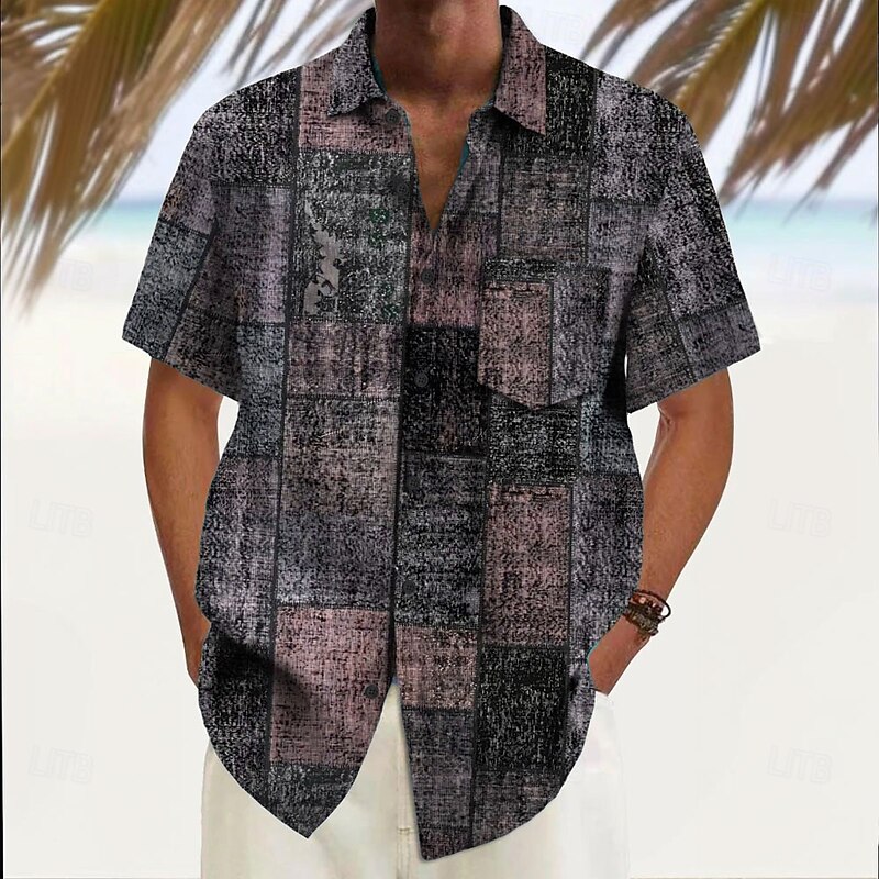 Men's Geometric Color Block Patchwork Shirt Summer Shirt Button Up Shirt Short Sleeve Fashion Casual Outdoor Vacation Dailywear Summer Spring Turndown 3D Print Collared Shirts Front One Pocket Pink4
