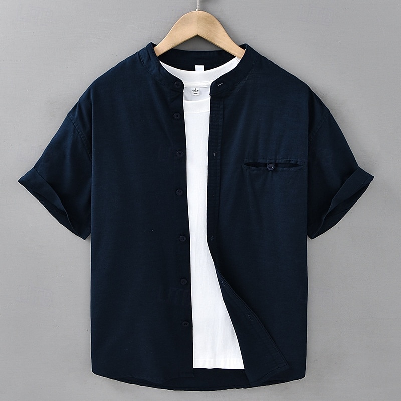 Men's Shirt Linen Shirt Casual Shirt Button Up Shirt Cotton Shirt Plain Vacation Street White Navy Blue Blue Brown Short Sleeve Grandad Summer Clothing Apparel Pocket4