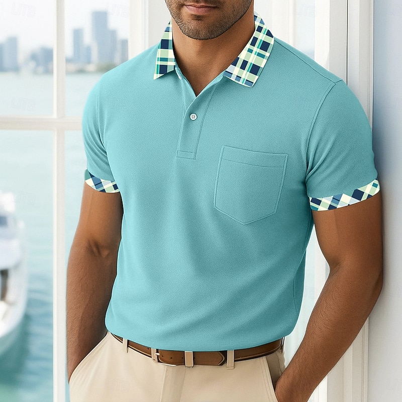 Men's Golf Shirt Pique Polo Shirt Business Casual Turndown Classic Short Sleeve Fashion Basic Solid Color Color Block Buttons Summer Spring &  Fall Regular Fit Turquoise Golf Shirt