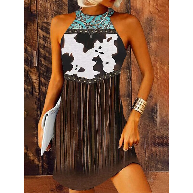 Women's Mini Dress Sundress Halter Dress Off The Shoulder Dress Vacation Casual Outdoor Party Going out Standard Fit Graphic Tribal Ethnic Sleeveless Halter Neck Camel Summer Spring