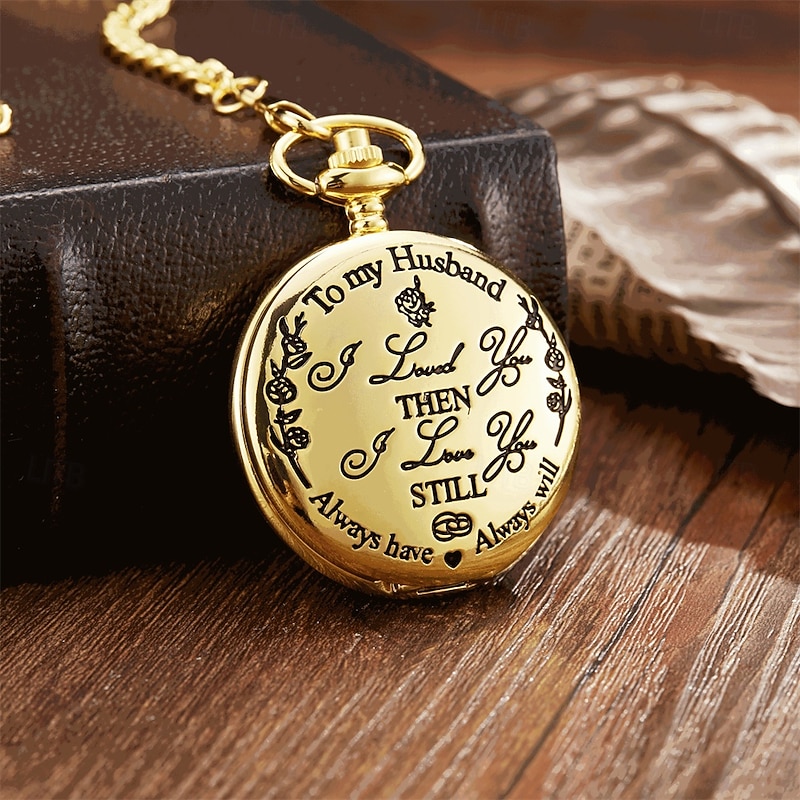 To My Husband Pocket Watch Black Engraved Timepiece with Chain, Romantic Gift for Him from Wife, Anniversary Keepsake2