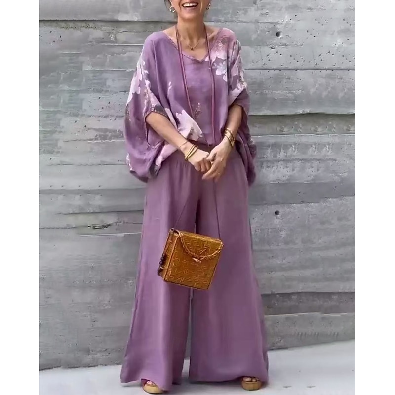 Women's Active Cotton Linen Shirts Blouse Pants Sets Half Sleeve V Neck Printing Print Vacation Holiday Navy Blue Purple Brown Summer Regular Fit4