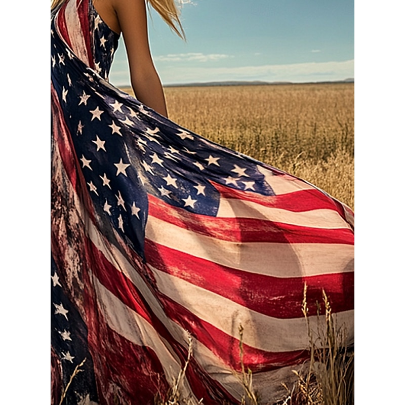 Women's Patriotic  Maxi Dress A Line Dress Slip Dress Vacation Casual Boho Beach Form Fit Graphic Flag Vintage Sleeveless V Neck Navy Blue Summer Spring3