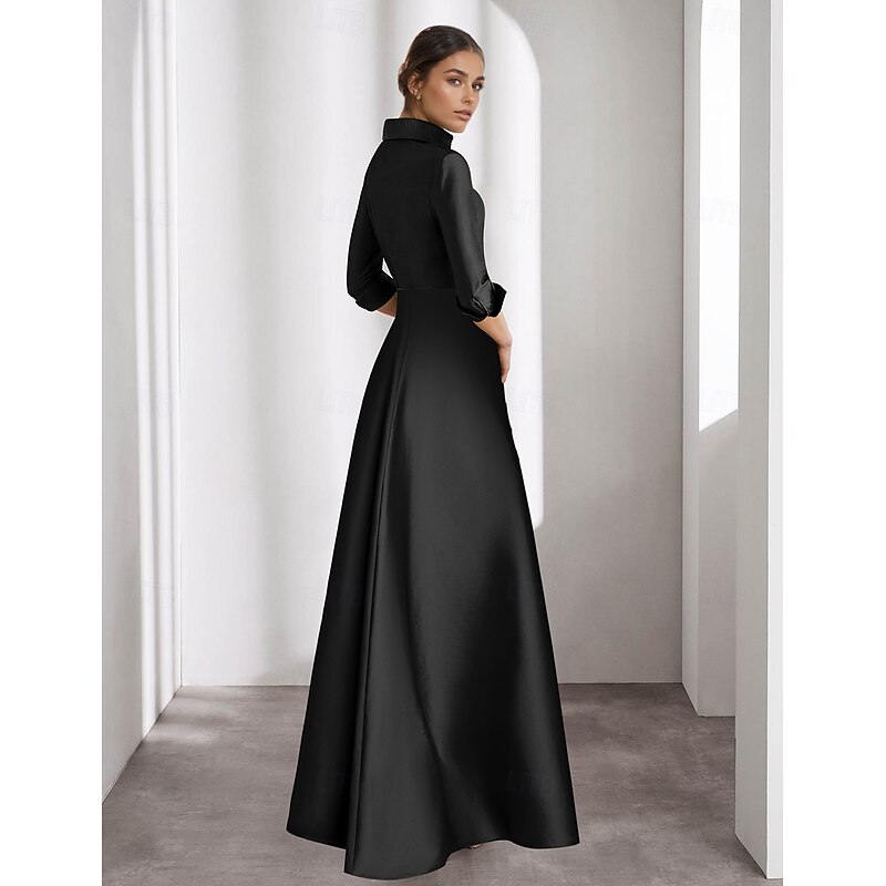 Black Tie Mother of the Bride A-Line Evening Gown Elegant Dress Formal Wedding Guest Floor Length Long Sleeve Shirt Collar Satin with Slit Embroidery Appliques4