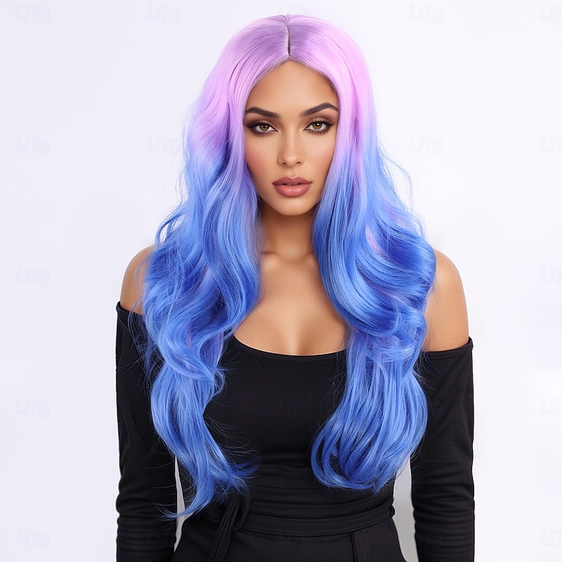 Synthetic Wig Wavy Deep Wave Layered Haircut With Bangs Machine Made Wig 24 inch A1 Synthetic Hair Women's Middle Part Classic Color Gradient Multi-color4