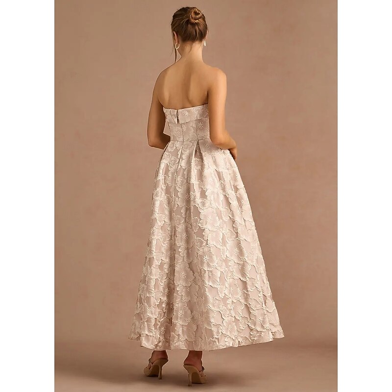 Floral Jacquard A-Line Cocktail Dresses Elegant Dress Formal Engagement Tea Length Midi Length Sleeveless Strapless with Pleats4