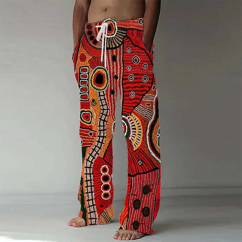 Men's Sun Ethnic Face Printed Trousers Baggy Pants Casual Pants Mid Waist Bohemian Boho Outdoor Vacation Side Pockets Wide Leg Elastic Drawstring Waist Summer Spring 3D Print Red Orange2