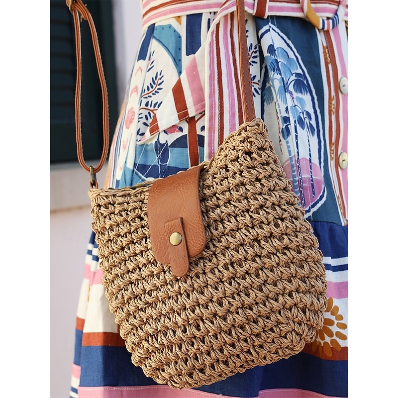 Women's Woven Straw Crossbody Bag with Leather Strap - Chic Boho-Style Handbag for Summer, Beach and Casual Outings3