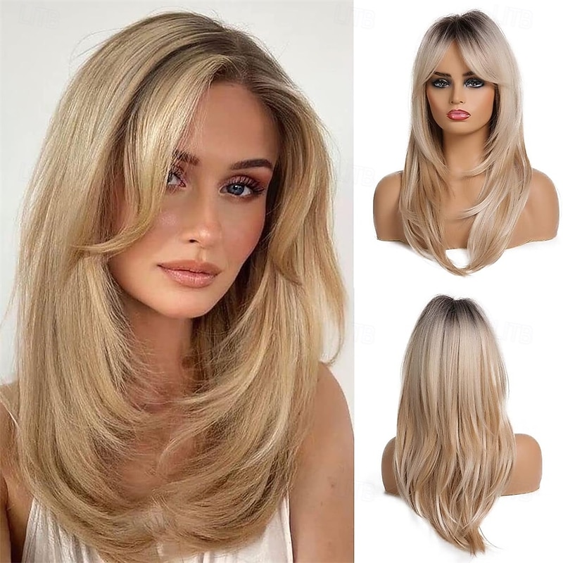 20 Inches Long Straight Blonde Layered Synthetic Hair Wigs for Women with Dark Roots for Daily Party Use