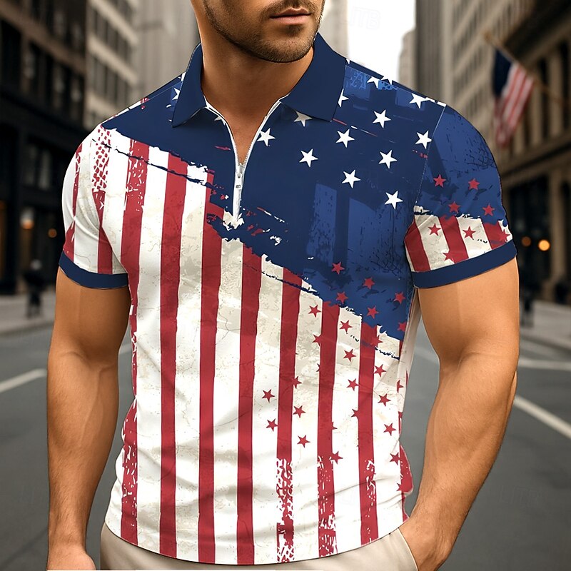 Independence Day Men's American US Flag Zip Polo Short Sleeve Turndown Casual / Sporty Sports & Outdoor Athleisure 3D Print Summer Robin's Egg Blue