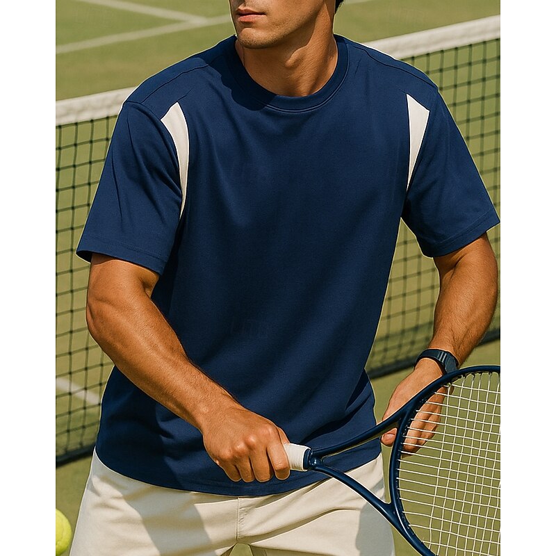 Men's Patchwork Tennis Tee Short Sleeves Sweat-Wicking Moisture Wicking Breathable Tennis Golf Pickleball Crew Neck Blue Purple Grey Tennis Clothing3
