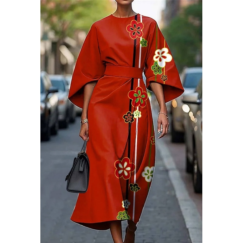 Women's Long Dress Maxi Dress Casual Dress Summer Dress Fashion Modern Daily Date Weekend Regular Fit Floral Geometric 3/4 Length Sleeve Crew Neck Pink Red Blue Khaki Summer3