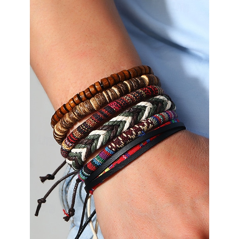 Men's Boho Multi-layer Beaded Braided Bracelet Set, Various Material Designs - Wood, Leather and Rope, Tribal Style, Beach and Casual Wear