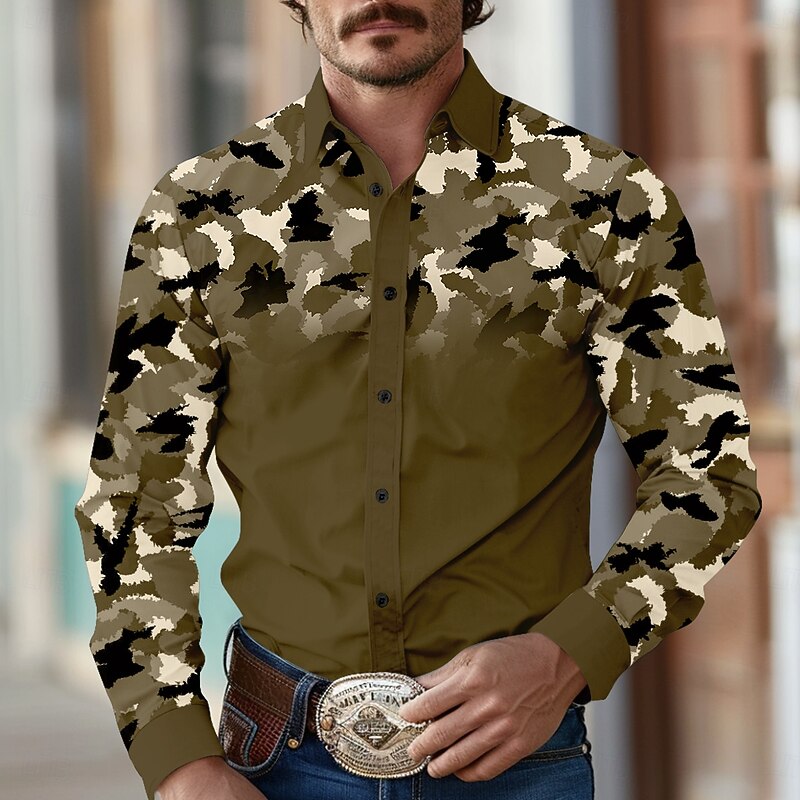 Men's Camouflage Western Shirt Long Sleeve Western Sports Outdoor Spring Fall Turndown Button Up Black White Brown Green3