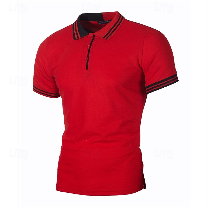 Men's Striped Polo Golf Shirt Short Sleeve Lapel Fashion Casual Outdoor Sport Daily Buttons Splice Summer White Red Navy Blue3