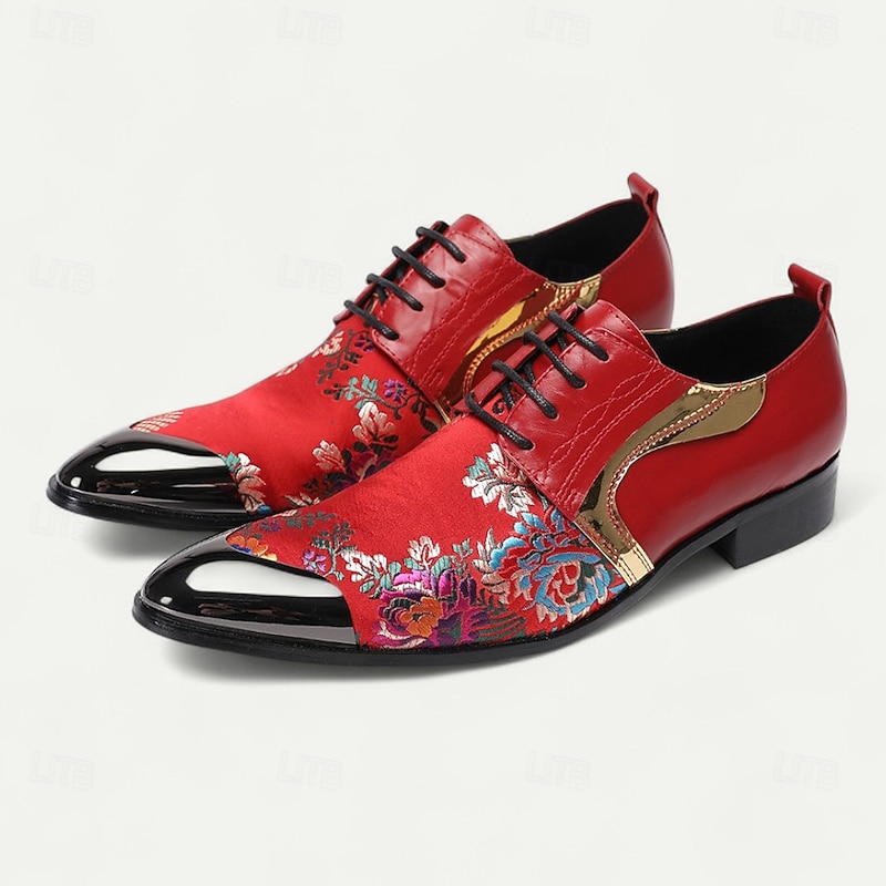 Men's Red Floral Embroidered Leather Dress Shoes with Gold Tip Metallic Accents–Elegant Formal Footwear for Weddings and Evening Events2