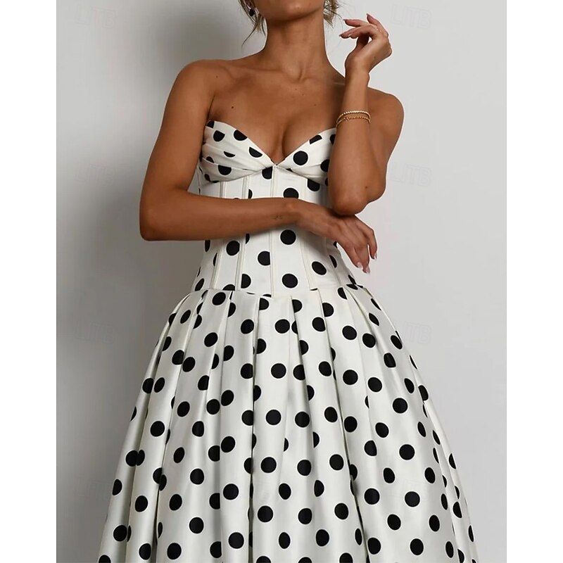 Drop Waist Corset Dress A-Line Cocktail Dresses Polka Dots Dress Formal Wedding Semi Formal Dress Tea Length Midi Length Sleeveless Sweetheart Satin with Pleats Wedding Guest Dress2
