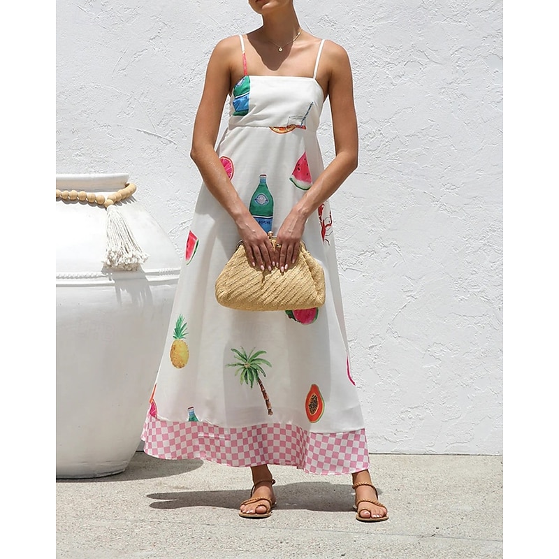 Women's Long Dress Maxi Dress Cotton Linen Dresses Casual Dress Fashion Outdoor Party Holiday Regular Fit Fruit Short Sleeve Spaghetti Strap White Summer