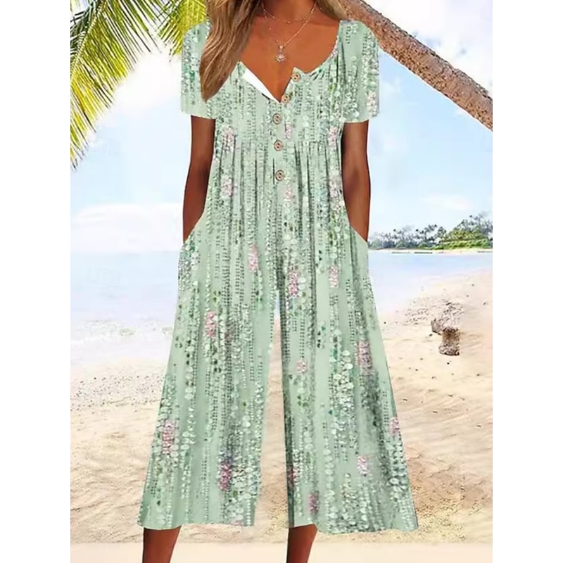 Women's Normal Jumpsuit Active Floral Short Sleeve Wide Leg Round Neck Pocket Print Vacation Daily Regular Fit White Army Green Blue Summer2