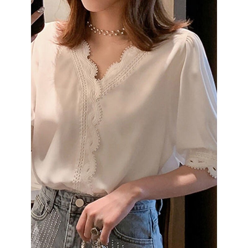 Women's Blouse Solid Color Stylish Basic Casual Short Sleeve Shirt Collar Regular Tops Daily Patchwork Buttons Lace Trim White Summer4