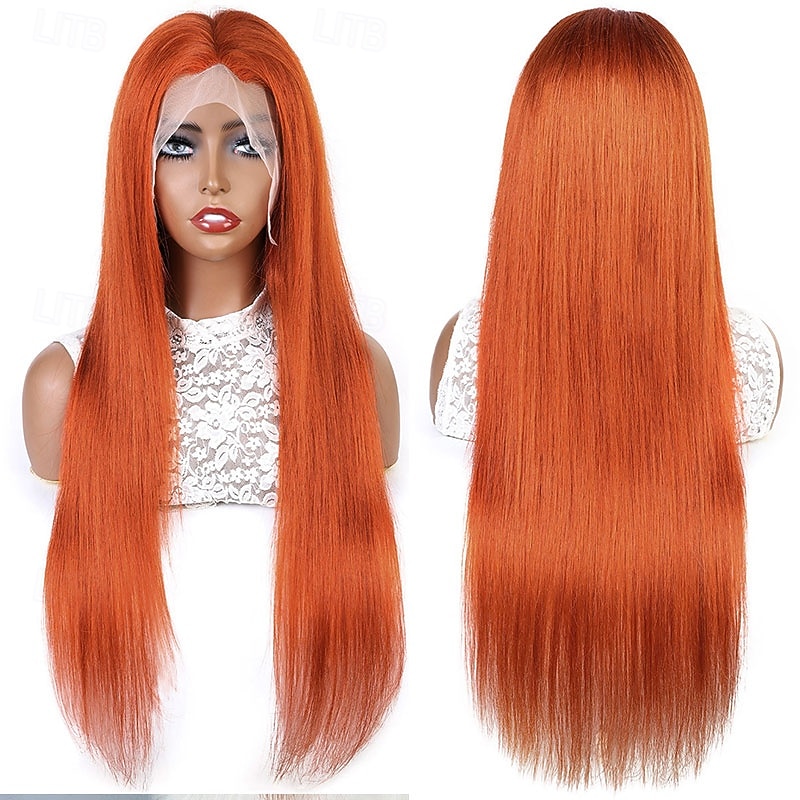 Remy Human Hair 13x4 Lace Front Wig Free Part Brazilian Hair Straight Orange Wig 150% Density with Baby Hair3