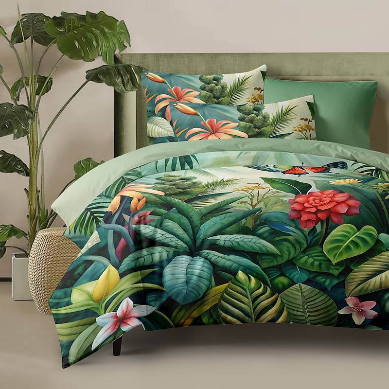 Tropical Plants Flowers Duvet Cover 100% Cotton Full Size Bedding Set Bed Sets Quilt Cover Soft Lightweight Comforter Cover with 2 Pillowcases for All Season2