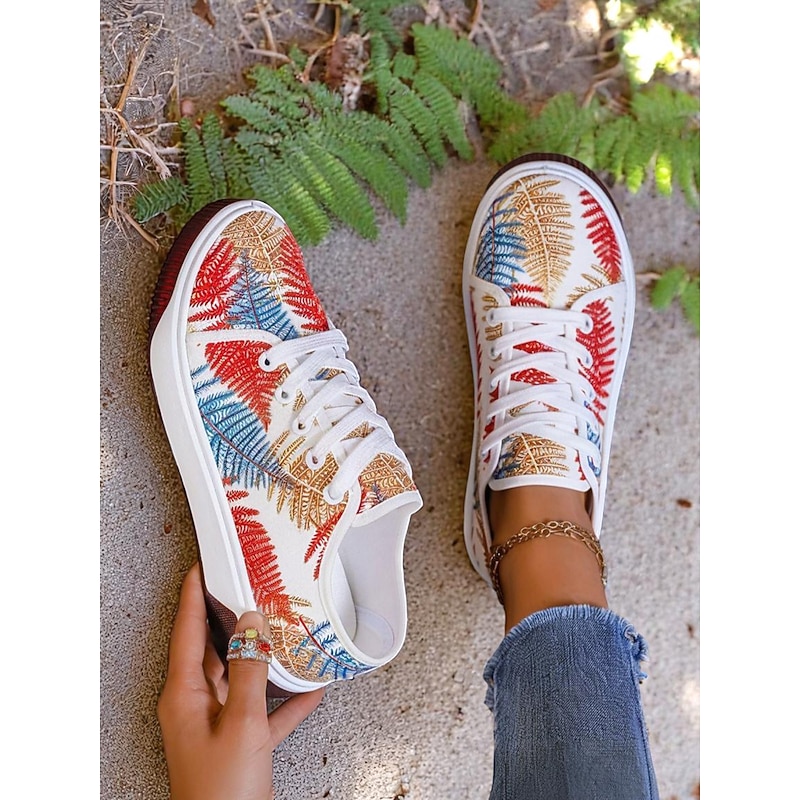 Women's Colorful Leaf Print Fabric Sneakers – Casual Lace-Up Walking Shoes for Nature-Loving Women, Ideal for Outdoor Strolls and Daily Wear4