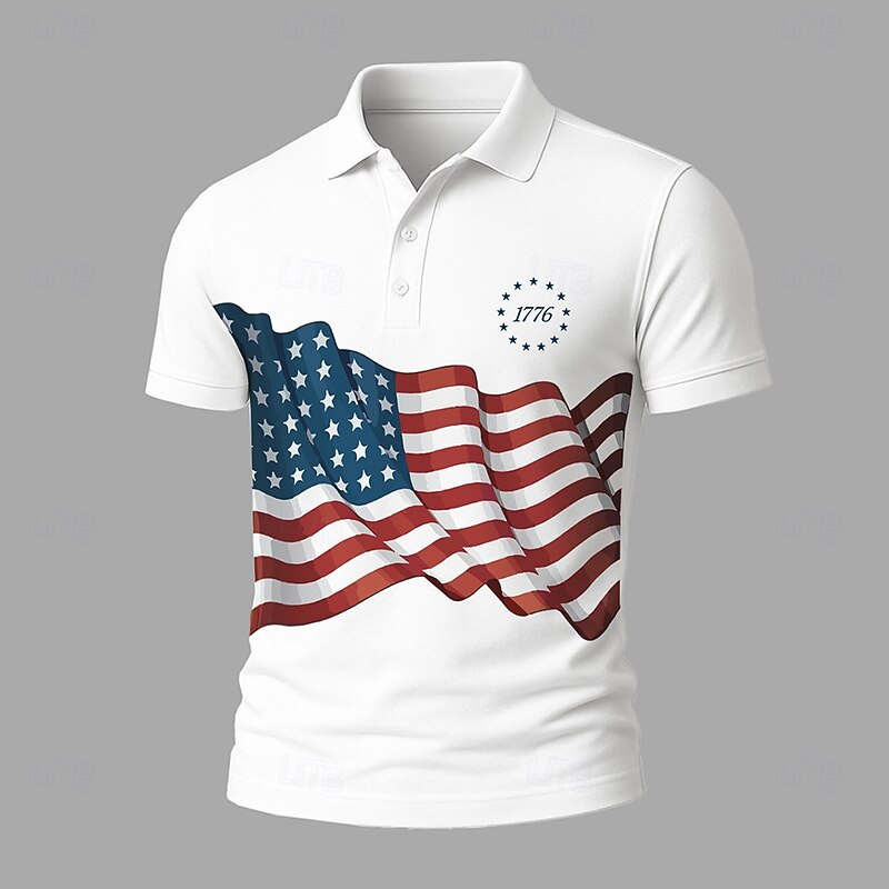 Independence Day Men's American Flag Polo Short Sleeves Lapel Casual Daily Sports & Outdoor Athleisure Festival Buttons Summer White Navy Blue3