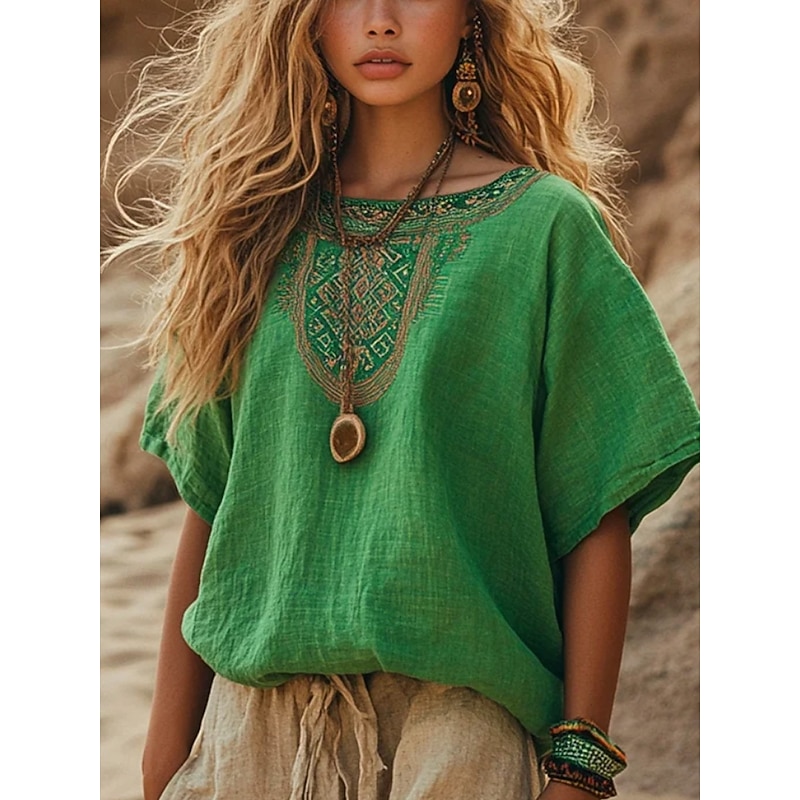 Women's Shirt Floral Bohemia Vintage Ethnic Half Sleeve Crew Neck Boat Neck Regular Tops Daily Holiday Going out Ruched Print Green Summer Spring