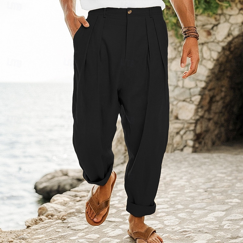 Men's Linen Pants Trousers Summer Pants Pleated Straight Leg Plain Comfort Breathable Full Length Outdoor Casual Daily Vacation Fashion Loose Fit Black White High Waist Micro-elastic4