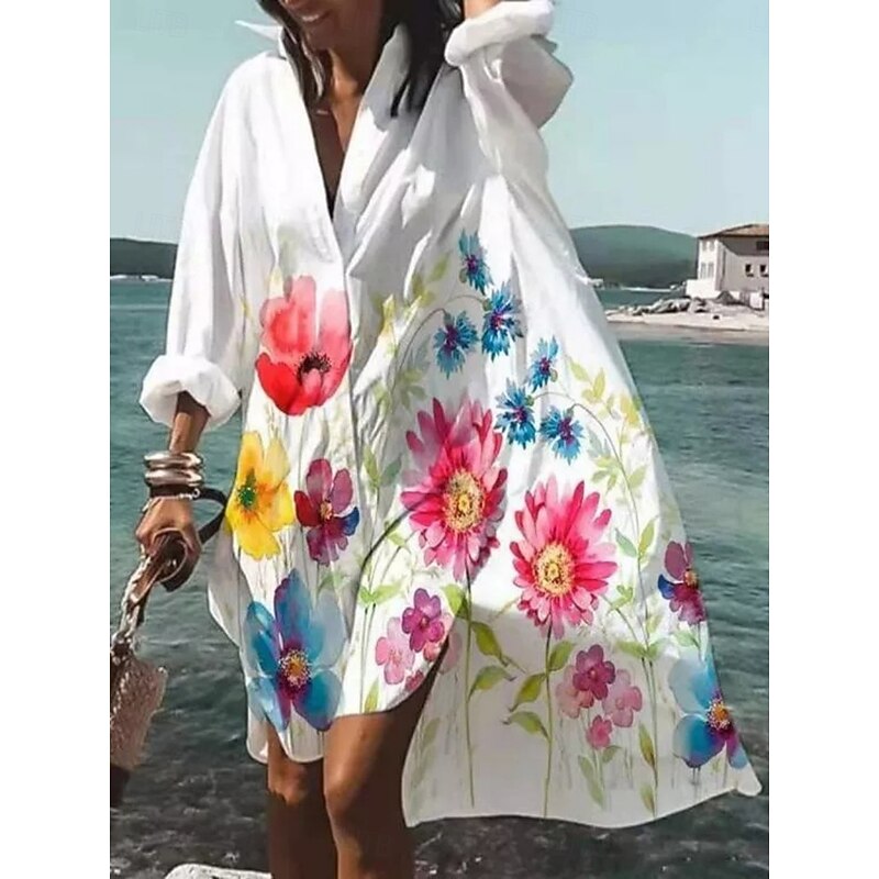 Women's Mini Dress Shirt Dress Casual Dress Summer Dress Fashion Modern Daily Beach Weekend Regular Fit Floral Long Sleeve Shirt Collar White Pink Blue Green Summer4