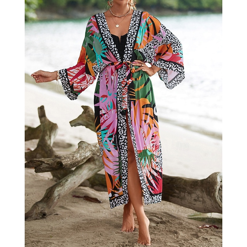 Women's Swimwear Cover Up Swimsuit Tie Front Tropical Beach Wear Flower V Neck Long Sleeve Bathing Suits