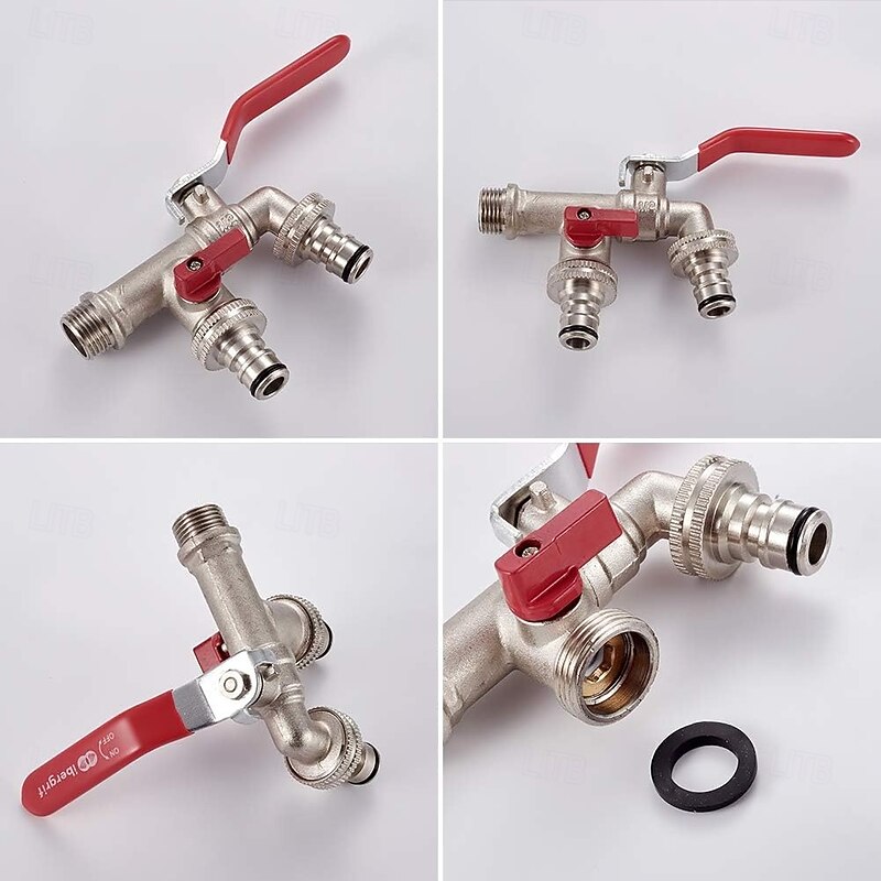 Double Garden Tap with Connector, G1/2 Inch Inlet and Two G3/4 Inch Outlet Outside Taps, Antifreeze, High Temperature Resistance, Double Tap Ball Valve Outside Faucet4