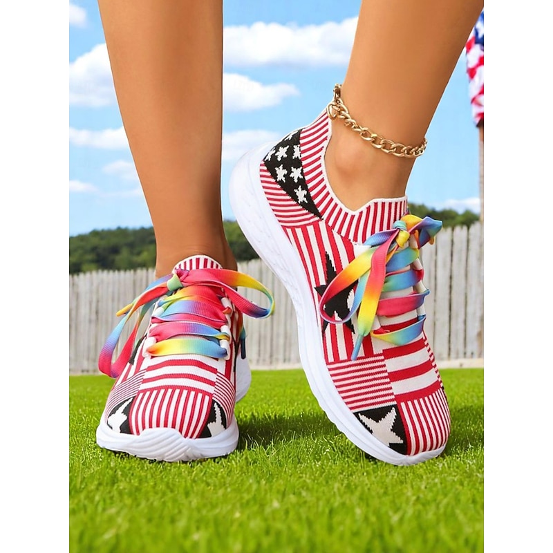 Women's Fourth of July Flyknit Sneakers with Colorful Rainbow Laces β Breathable Stars and Stripes Running Shoes for Independence Day and Everyday Sport Style