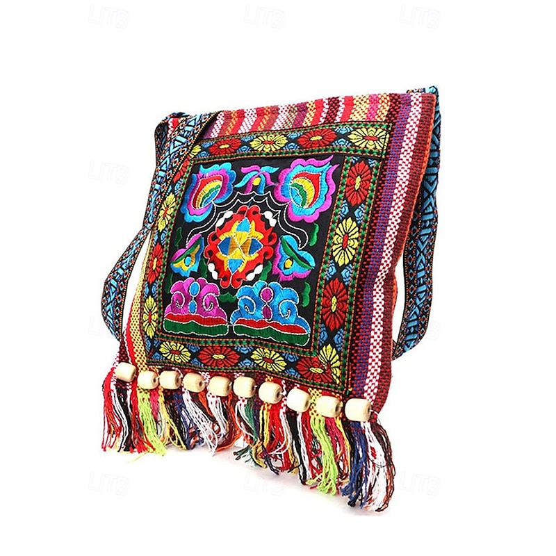 Women's Colorful Boho Embroidered Fringe Crossbody Bag – Ethnic Tribal Canvas Shoulder Purse with Tassels and Wooden Beads for Festivals, Travel and Casual Outings4