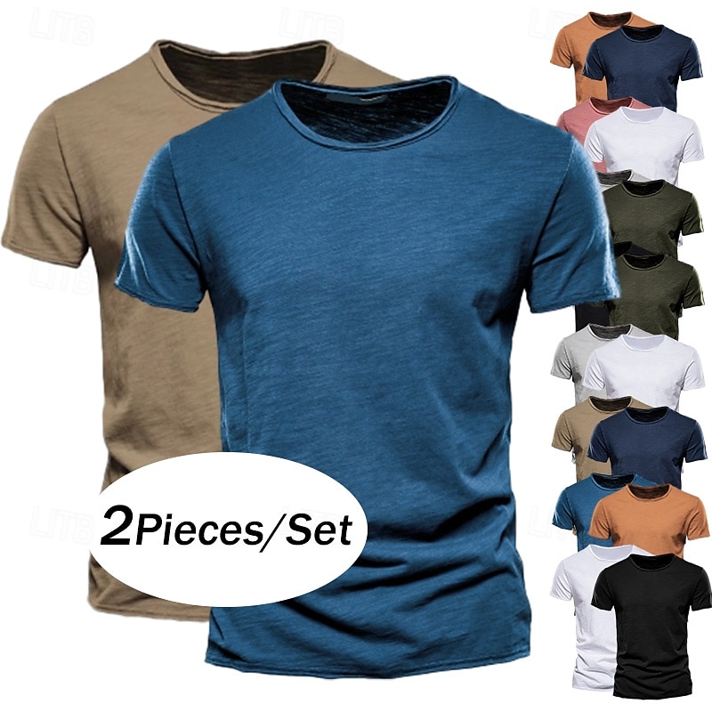 2 Pack Cotton Men's T Shirt Tee Top Short Sleeve Short Sleeves Crew Neck Round Neck Summer Plain Fashion Designer Basic Classic Style Basic Vacation Street Casual Orange Blue Army Green  Black Tee