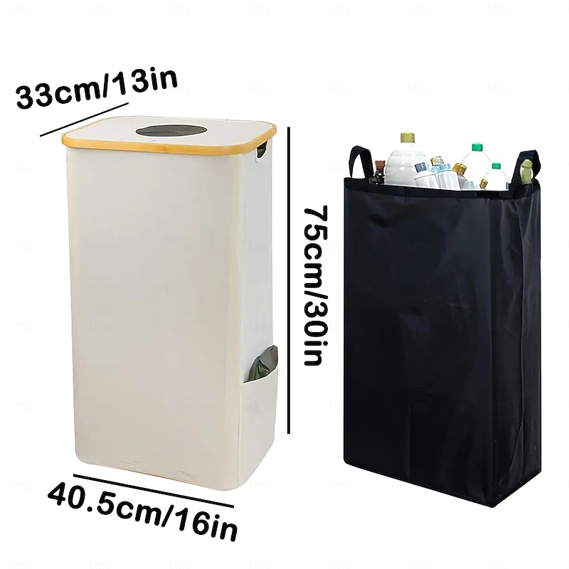 Recycling Bin with Lid and Removable Reusable Inner Bag,100L Bamboo Frame Oxford Fabric Trash Organizer with Odor Control, 4 Support Rods for Kitchen, Camping, Dorm, Office, Travel4
