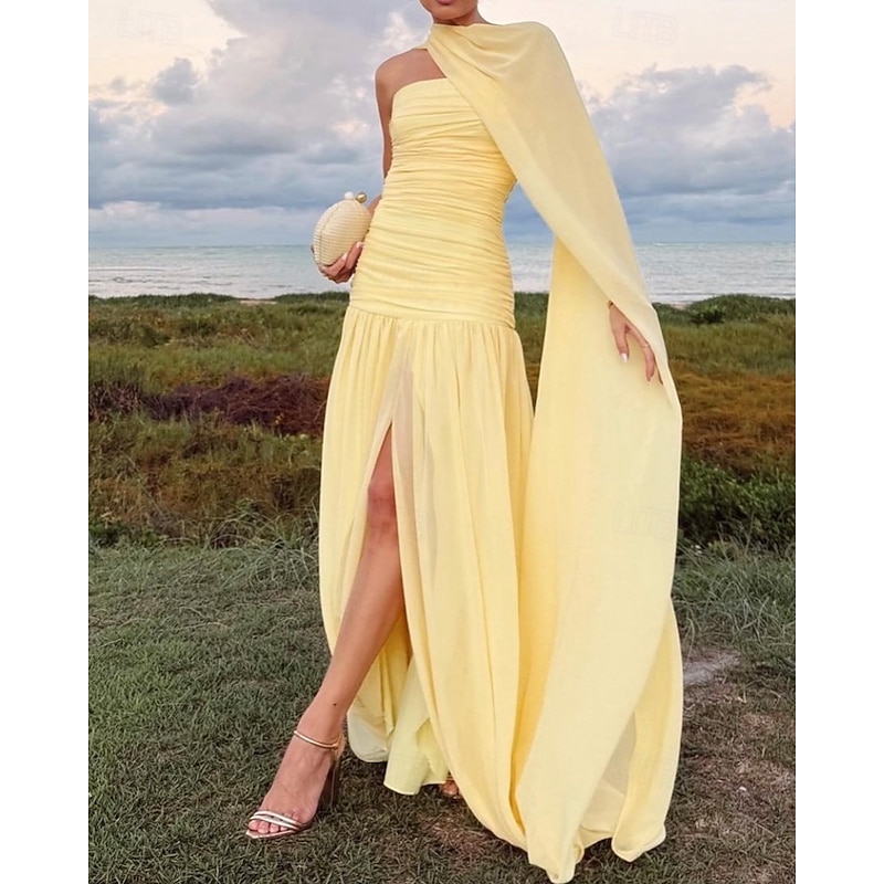 A-Line Evening Gown Dropped Waist Dress Semi Formal Wedding Guest Cape Dress Floor Length Sleeveless Off Shoulder Chiffon with Ruched Dreails