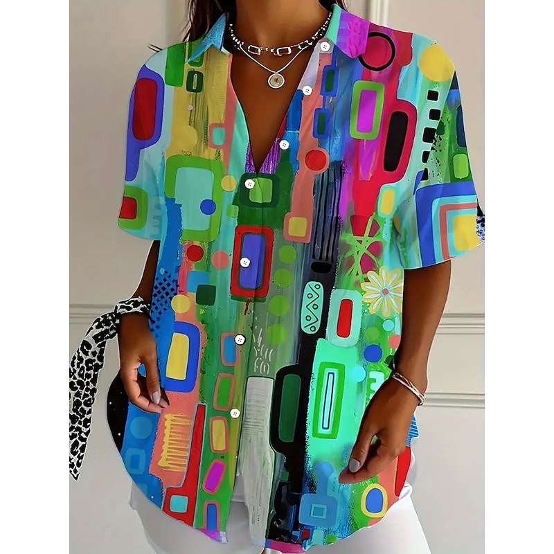 Women's Shirt Long Sleeve Button Down Blouse Floral Graphic Color Gradient Daily Casual Short Sleeve Shirt Collar Regular Tops Daily Yellow Blue Green Summer2