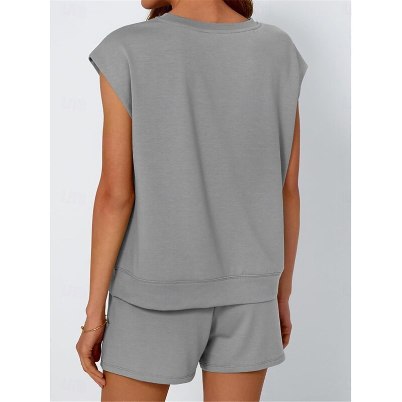 Women's 2 Pieces Fashion Streetwear Daily Shorts Sets Short Sleeve Round Neck Solid Color Drawstring Casual Daily Black Fuchsia Khaki Summer Regular Fit2