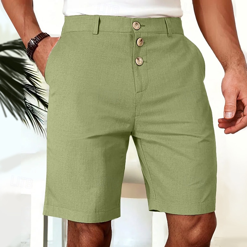 Men's Shorts Linen Shorts Summer Shorts Beach Shorts Buttons Pocket Straight Leg Plain Comfort Breathable Knee Length Outdoor Party Office Fashion Business Black White3