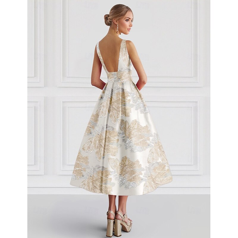 Jacquard Brocade Floral A-Line Cocktail Dresses Elegant Dress Formal Wedding Ankle Length Sleeveless Crew Neck Nylon with Slit Pocket2