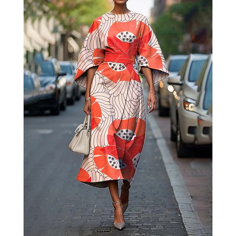 Women's Midi Dress Floral Dress Print Dress Classic Modern Outdoor Vacation Daily Regular Fit Flower Half Sleeve Crew Neck Pink Dark Green Orange Summer