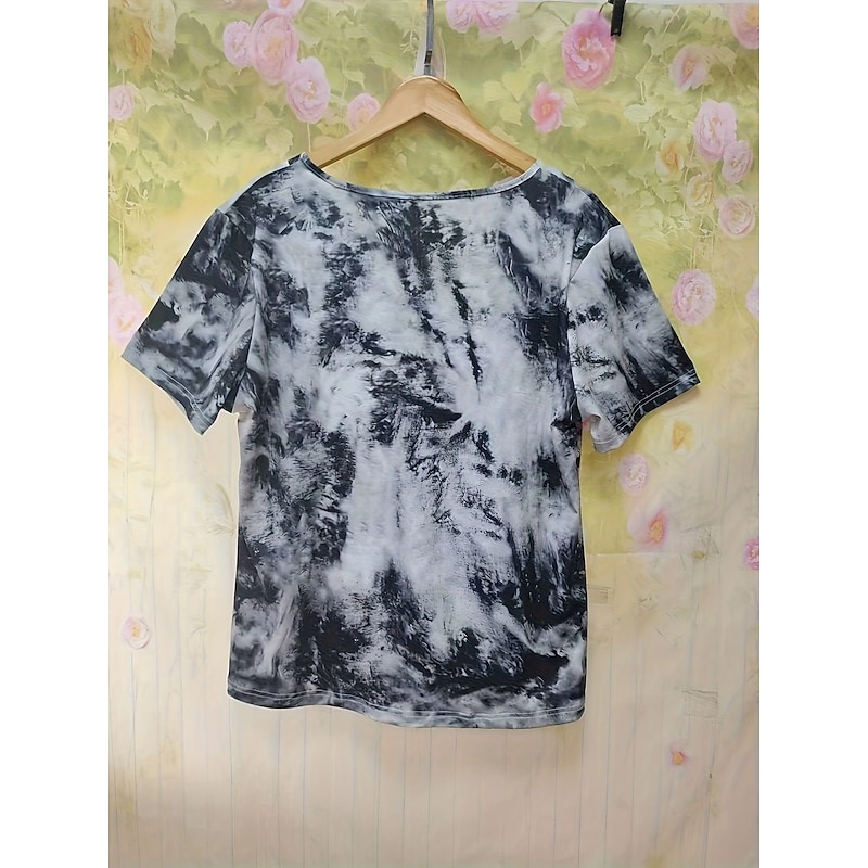 Women's Cotton Shirt Color Block Fashion Casual Short Sleeve Crew Neck V Neck Regular Tops Daily Gray Summer2