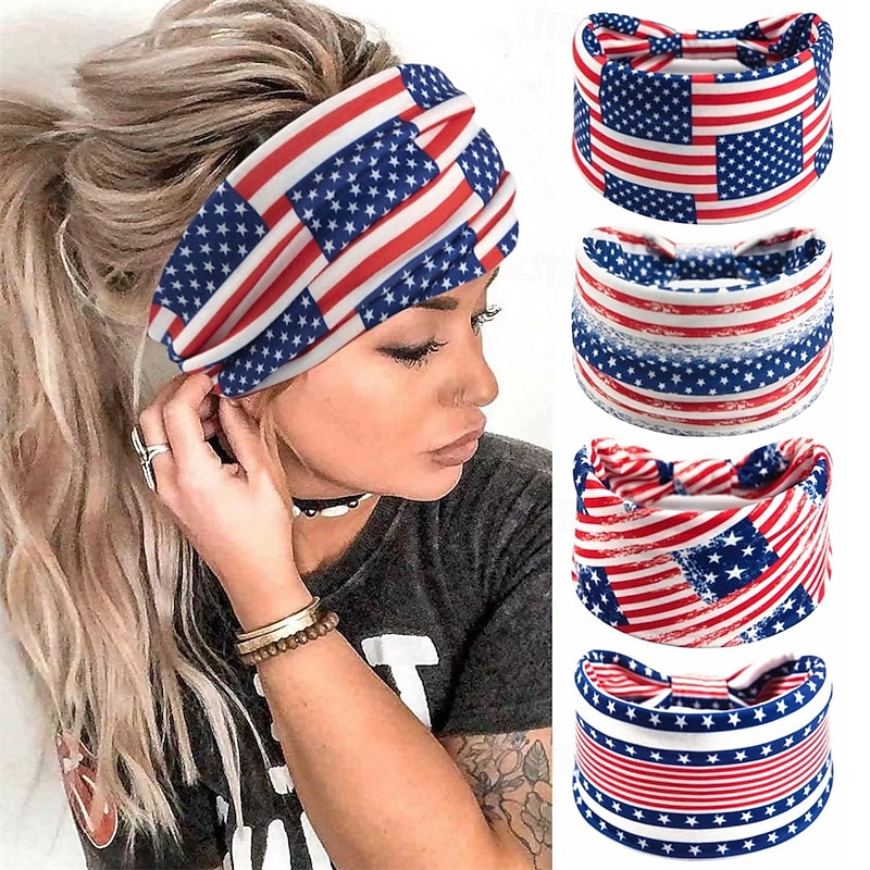 American Flag Headbands for Women 4th of July Patriotic Twisted Hair Band Red White Blue Stretchy Athletic Hair Accessories for USA Independence Day Memorial Day